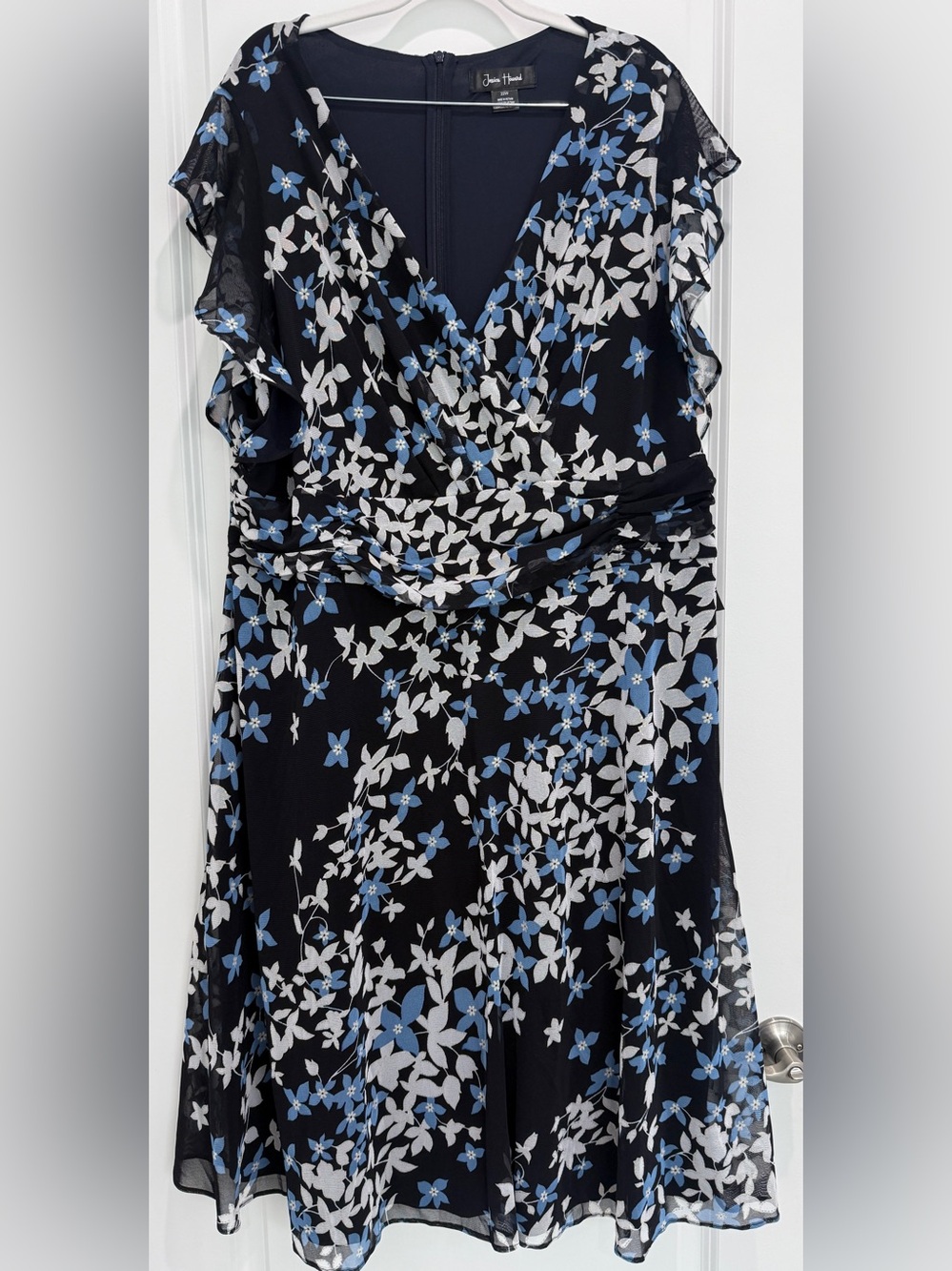 Navy Blue Floral V-Neck Dress with Blue & White Accents by Jessica Howard